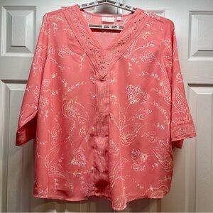 Belle By Kim Gravel Coral Paisley Beaded Tunic Blouse V-Neck 3/4 Sleeve Size 3X